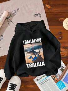 青少年男孩字母与鲨鱼印花羊毛连帽衫