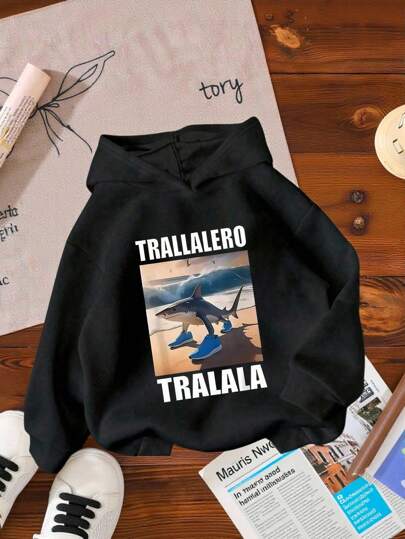 青少年男孩字母与鲨鱼印花羊毛连帽衫