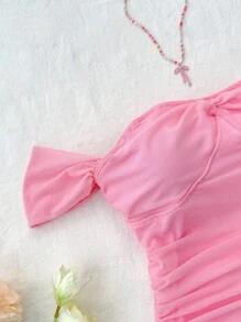 Váy lưới lệch vai màu hồng cho bé gái tuổi teen, trang phục đi nghỉ dưỡng cho bé gái, trang phục dự tiệc mùa hè cho bé gái tuổi teen, váy dạ hội cho bé gái - Hồng - Xem 4