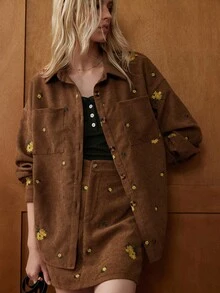 Écloséra 新款女式刺绣宽松休闲纽扣衬衫夹克，春秋季 - 咖啡棕 - 查看 4