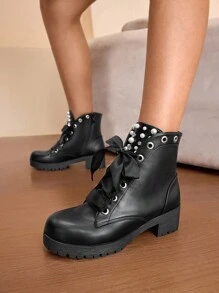 Daringsoles Women's Fashion Short Boots, Side Zipper, Chunky Heel, Metal Buckle Strap, Lace-Up Boots - Black - View 4