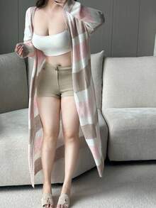 Flirla Plus Size Color Block Striped Mid-Length Cardigan, New Autumn/Winter Design Fall - Pink - View 5