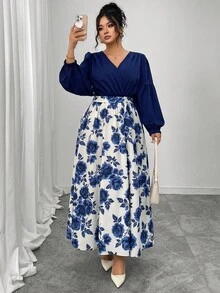 Elenzga 大码女式花卉印花编织复古优雅灯笼袖 V 领腰带中长连衣裙，春/秋