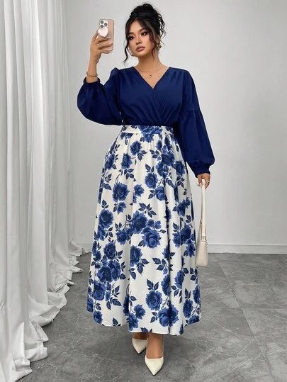 Elenzga 大码女式花卉印花编织复古优雅灯笼袖 V 领腰带中长连衣裙，春/秋