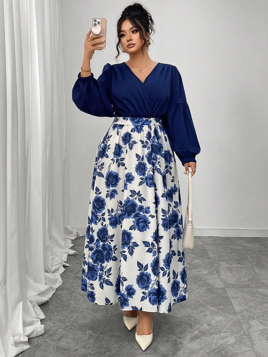 Elenzga 大码女式花卉印花编织复古优雅灯笼袖 V 领腰带中长连衣裙，春/秋
