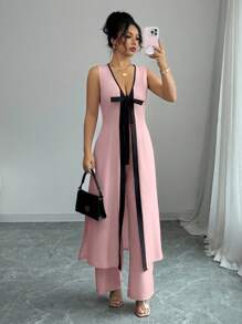 Selianne Bộ quần ống rộng không tay cổ chữ V hở phía trước thời trang & thanh lịch cho phái nữ trẻ, mùa xuân/hè - Hồng - Xem 3