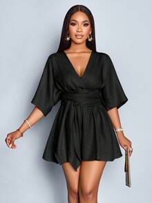 SOLERSUN 女式优雅深 V 领收腰系带蝙蝠袖褶饰腰部连体裤，适合度假和日常穿着 - 黑色 - 查看 4