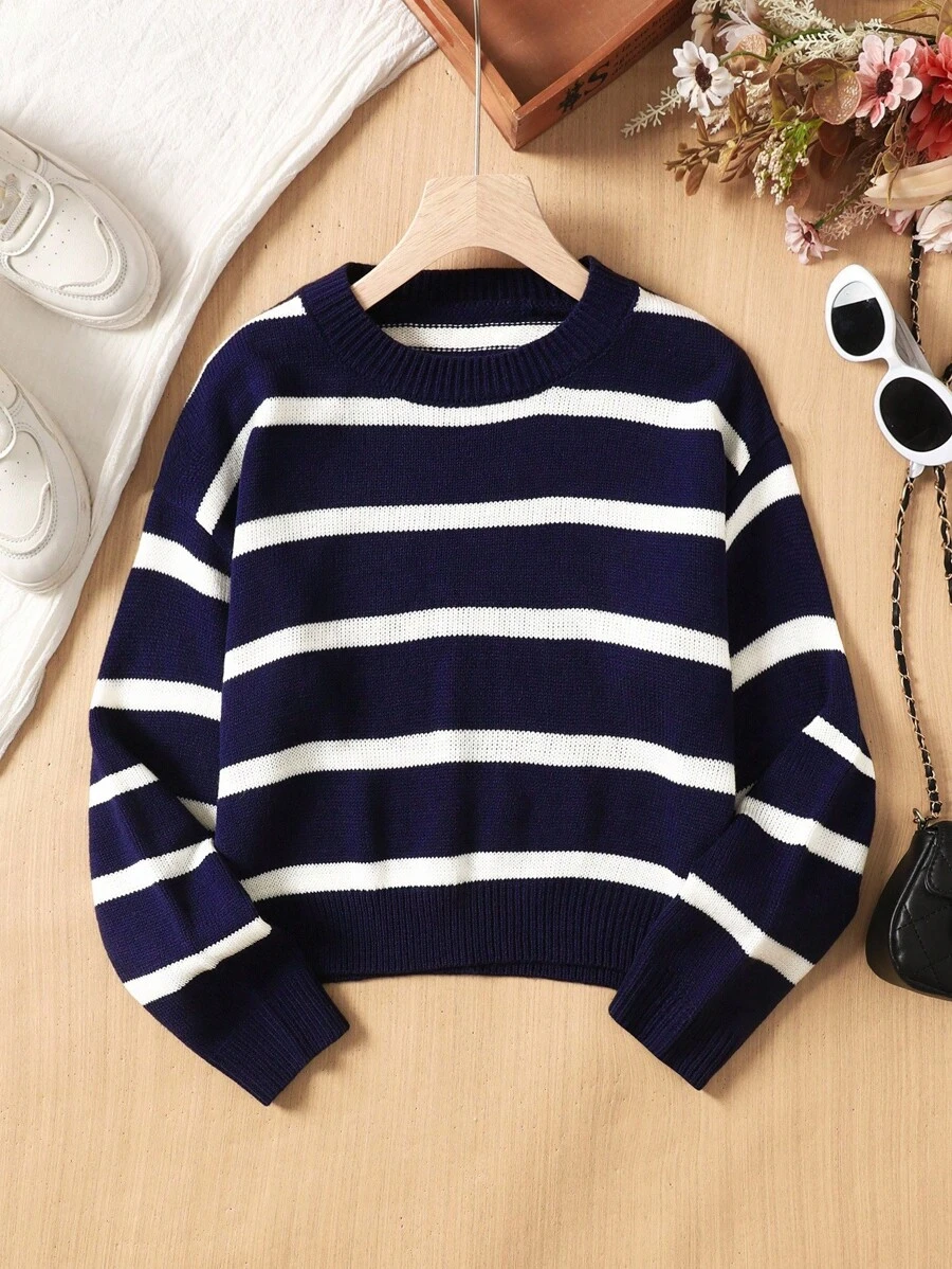 SHEIN 青少年女孩休闲宽松拼色条纹圆领套头衫 - 藍白色 - 查看 1