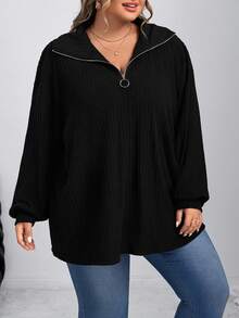 SHEIN CURVE+ 大码法式休闲拉链罗纹针织T恤，秋冬 - 黑色 - 查看 3