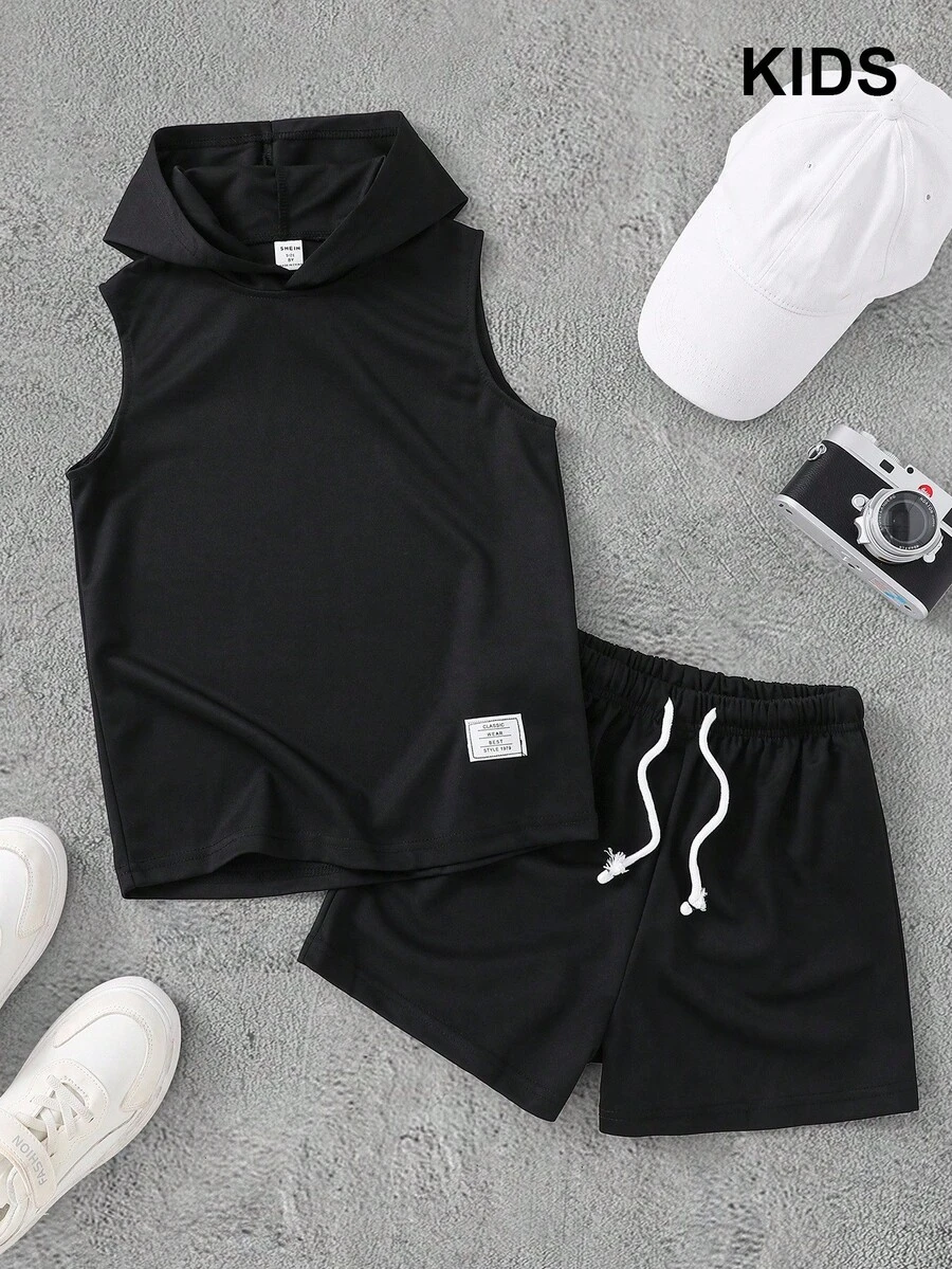 PAVTROS Tween Boy Letter Patched Detail Hooded Tank Top & Drawstring Waist Shorts - Black - View 1