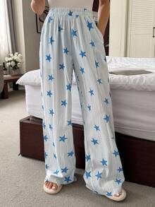 DAZY 条纹星星印花宽松女式睡裤，秋季 - 寶藍色 - 查看 6