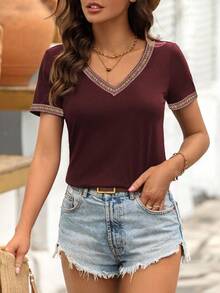 Breezaya 对比色胶带 V 领 T 恤 新年服装 图案 T 恤 女式上衣 - 紅色 - 查看 3