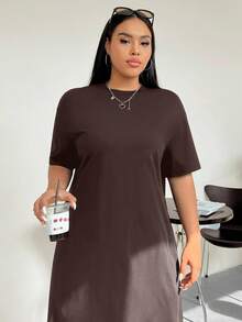 SHEIN EZwear 大码休闲纯色短袖T恤连衣裙 - 棕色 - 查看 9