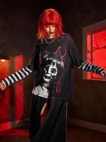 ANNABELLE x SHEIN Women's Horror Figure Graphic Round Neck Long Sleeve T-Shirt - Black - View 4