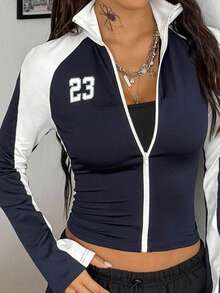 Coolane Women's Fall/Winter Streetwear Sport Going Out Stretchy High Neck Long Sleeve Football Soccer Bustier White And Dark Blue Coat,