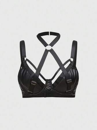Grunge Punk Soutien-gorge bralette sexy de couleur unie avec armature en PU style punk foncé, noir