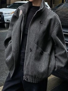 DAZY 女士立领双排扣拉链宽松休闲夹克冬季女式外套 - 深灰色 - 查看 1