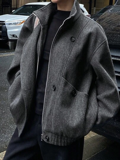 DAZY Women's Stand Collar Double-Breasted Zipper Front Loose Casual Jacket Winter Women Coats