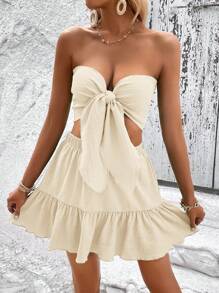 Soleia Tie Front Tube Top & Ruffle Hem Skirt - Khaki - View 1