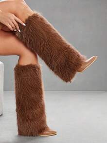 CUCCOO SZL 女士尖头高筒细高跟棕色毛茸茸腿靴，过膝长靴，时尚迷人性感火辣女士骑士靴，高筒靴 - 棕色 - 查看 5