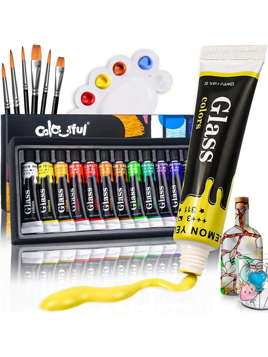 12/24 Colors Fabric Paint Set For Clothes With 6 Brushes, 1 Palette,Permanent Textile Puffy Paint Kit For Shoes, Canvas,14/26 Colors, 30ml/1.01oz Each Tube - Single Piece - View 1