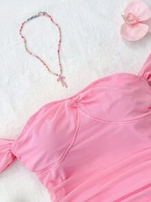 Váy lưới lệch vai màu hồng cho bé gái tuổi teen, trang phục đi nghỉ dưỡng cho bé gái, trang phục dự tiệc mùa hè cho bé gái tuổi teen, váy dạ hội cho bé gái - Hồng - Xem 3