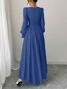 Modelyn 女式纯色甜心领长袖高端收腰连衣裙 - 寶藍色 - 查看 2