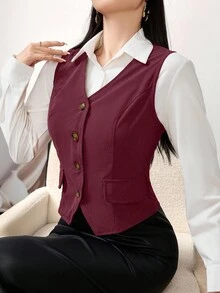 Modelyn Women's Solid Color Single-Breasted V-Neck Vest, Suitable For Commuting - Burgundy - View 7