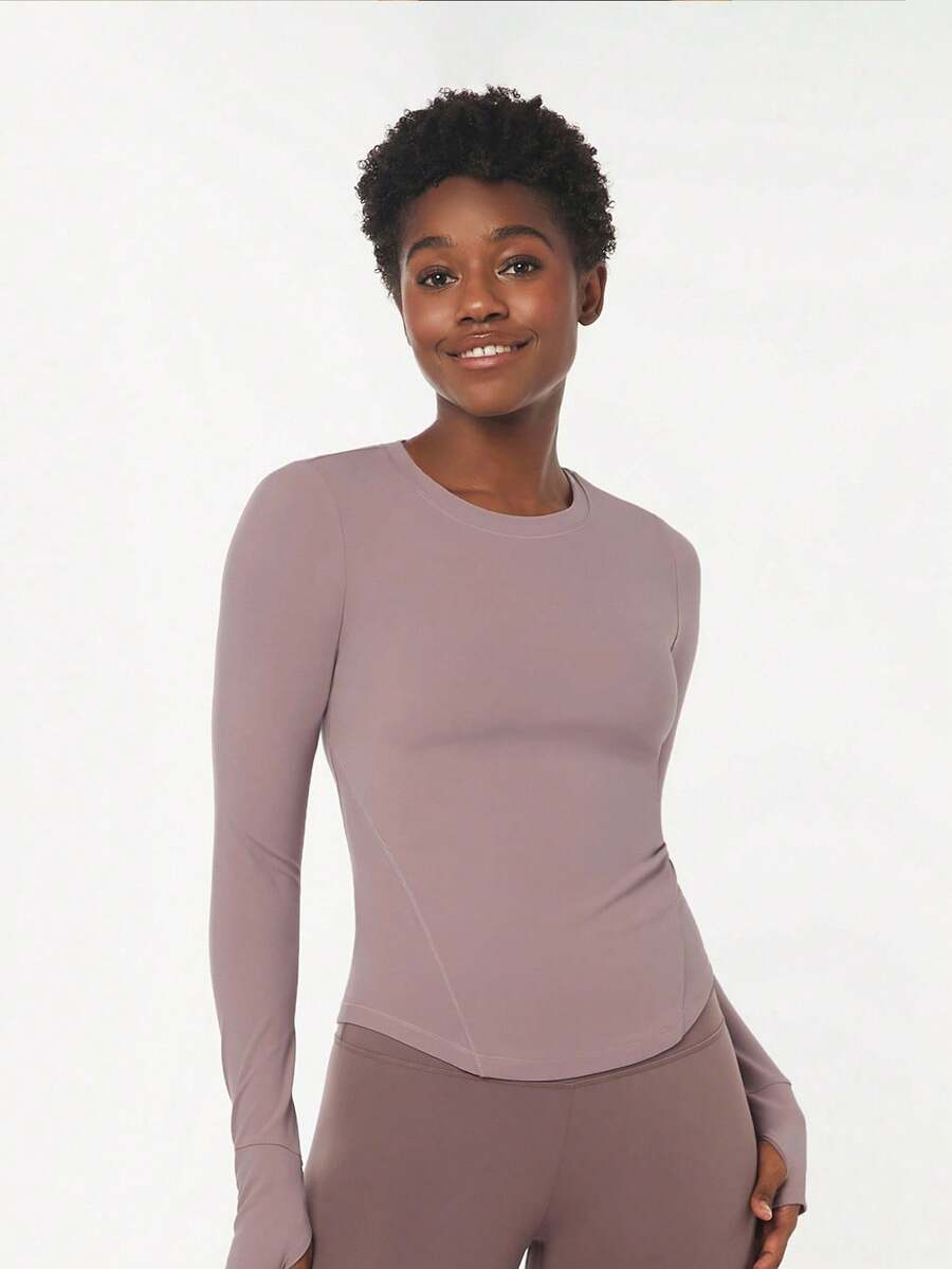 GLOWMODE FeatherFit™ Waist Slimming Curved Long Sleeve Top Low Impact Yoga Pilates Daily Summer Gym - Elderberry - View 1