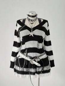 Sweetra Black & White Striped Pullover Sweater, Zipper Decor, Dark Style For Women Fall Winter Cloth For Women Autumn - Black and White - View 3