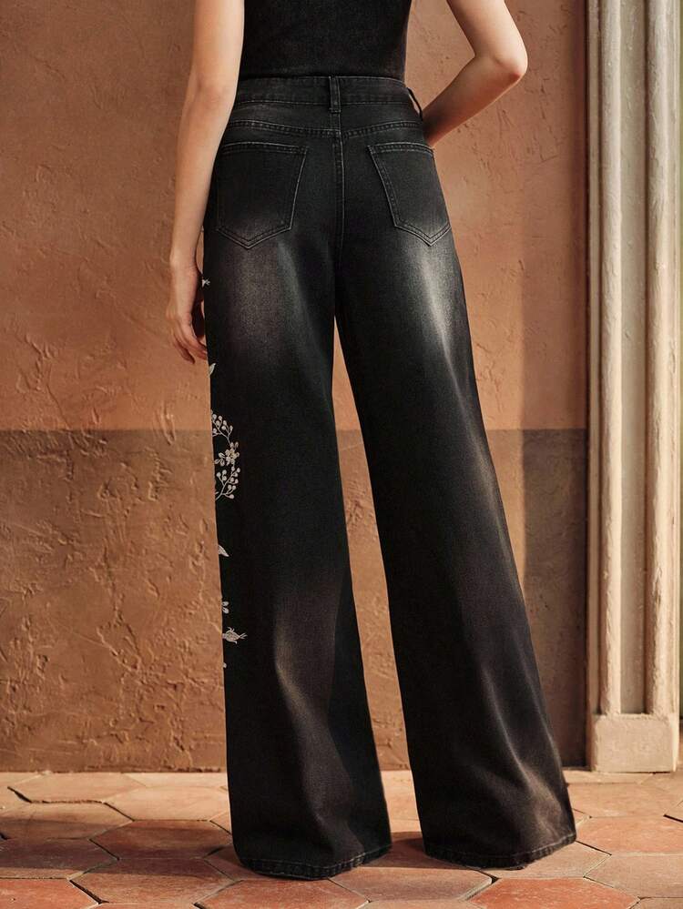 Street Style Heavy Embroidery Women's Black Jeans