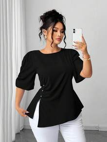 Elenzga Plus Size Women's Elegant Woven Short Sleeve Blue Beaded Decor Fitted Blouse - Black - View 5