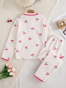 2 件套 Tween 女童毛绒樱桃图案撞色镶边长袖上衣和裤子睡衣套装 - 紅白色 - 查看 2