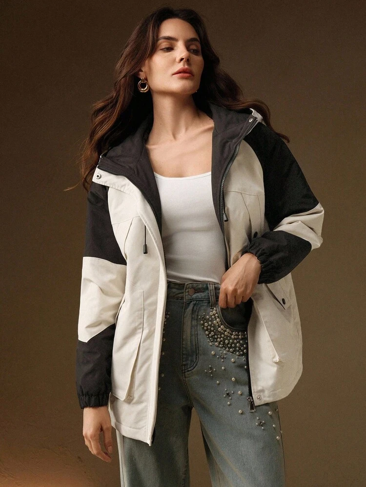 Chaqueta casual regular con capucha, cierre de cremallera y mangas raglán de color contrastante para mujer