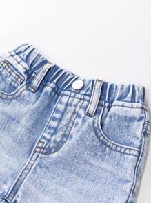 女童休闲牛仔裤，甜美蝴蝶贴花和刺绣设计，中腰修身蓝色牛仔裤 - 藍色 - 查看 6