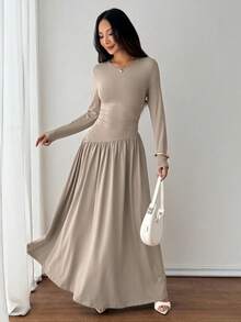 SHEIN PETITE Váy dài tay viền bèo nhún thanh lịch cho mùa xuân và mùa thu - Cà phê - Xem 7