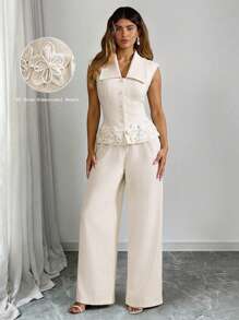 SHEIN Tall 大码女式梭织纯色立领无袖珍珠 3D 花卉装饰纽扣衬衫和松紧腰直筒长裤 2 件套，优雅浪漫 - 杏色 - 查看 1