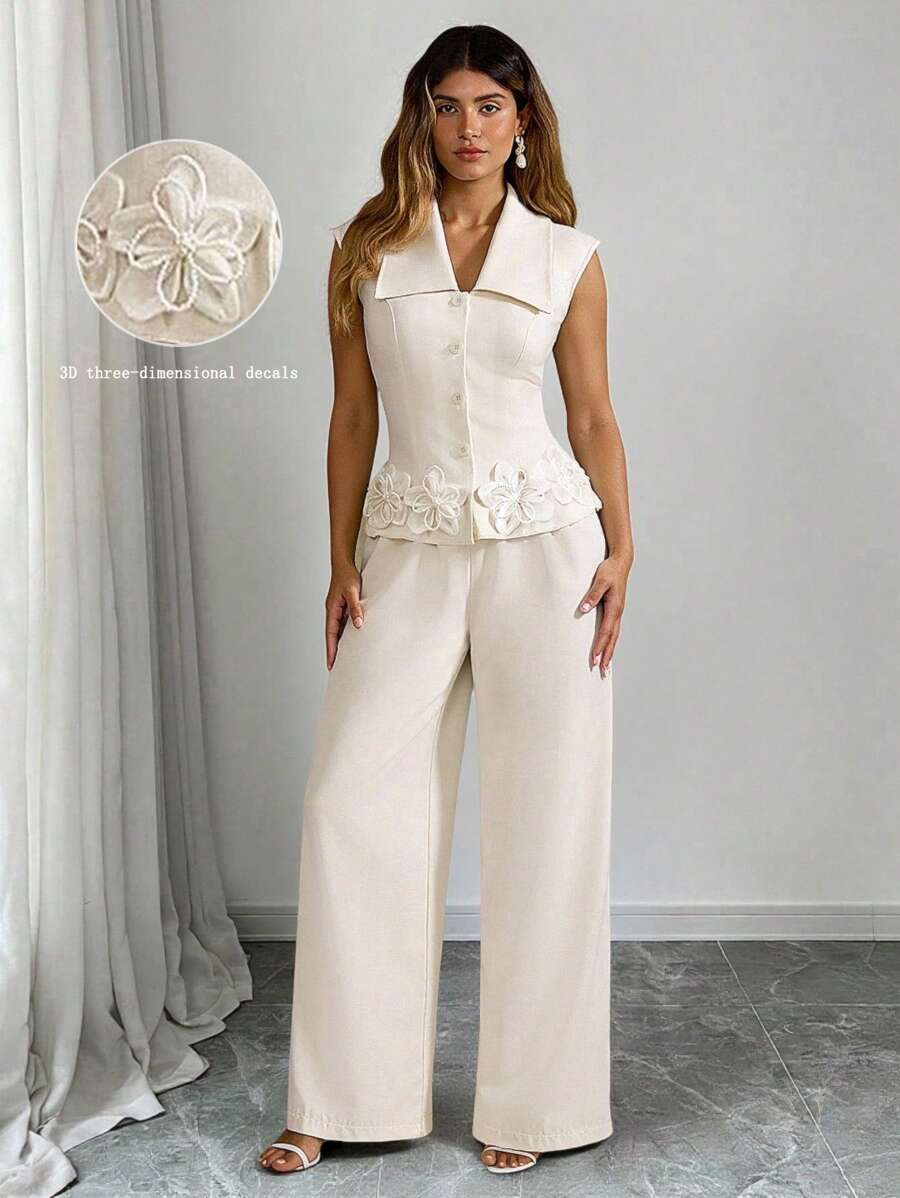 SHEIN Tall 大码女式梭织纯色立领无袖珍珠 3D 花卉装饰纽扣衬衫和松紧腰直筒长裤 2 件套，优雅浪漫 - 杏色 - 查看 1