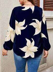 EMERY ROSE Casual Floral Pattern Women's Shirt, Suitable For Fall And Winter Chic Blouses For Women,Casual - Navy Blue - View 2