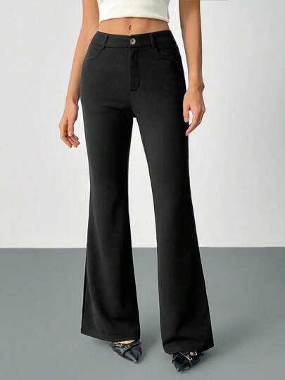 SHEIN Tall Women's Mid-Waist Solid Color Slim Fit Flared Pants, Fashionable & Versatile Black Flare Pants,Chic Pants For Women,Fall
