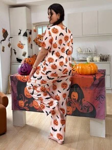 SHEIN Pink Summer Halloween Pajamas Women Plus Size Pumpkin And Bat Nighty,Comfy Fall Orange PJs Set For Festive Look - Multicolor - View 2