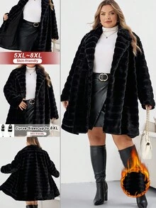 SHEIN CURVE+ 大码纯色蓬松长袖外套，秋冬圣诞派对女式外套，时尚日常穿着，办公穿着，复古富贵，日常休闲假日仿皮草外套 - 黑色 - 查看 8