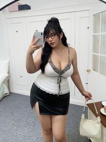 SHEIN EZwear Camisola Plus Size Casual Home Estampa Leopardo Patchwork - Branco - Ver 10