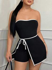 SHEIN SXY 休闲商务拼色绑带裹身式连体裤