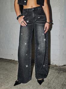 SHEIN ICON Retro Sexy Slim Fit Washed Rhinestone Embellished Wide Leg Jeans Jeans Glittersparkle Jeansrhinestone Jeans - Black - View 1