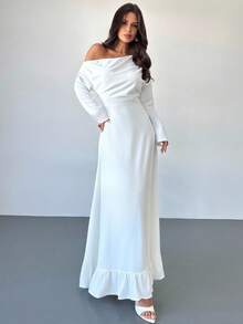 Firerie Vestido de mujer nuevo, elegante y casual para uso diario y urbano, con cuello asimétrico blanco, manga larga, volantes en el bajo y cinturón en la cintura. Vestido con cuello asimétrico, atuendo para el aeropuerto, atuendos de vacaciones, temporada de regreso a la escuela - Blanco - Ver 2