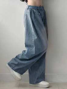 DAZY 女士口袋宽松阔腿休闲百搭牛仔裤 - 中等水洗藍 - 查看 6