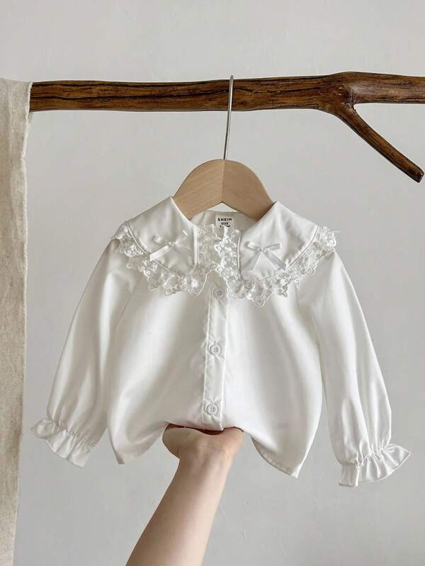 LMoss Kids LMoss Baby Girl Woven Solid Color Peter Pan Collar Casual Shirt, First Day Of School, Girls Blouse Long Sleeve, Girls White Blouse, Girls Embroidered Blouse, Baby Girl Back To School Blouse, Girls Long Sleeve Blouse, Girls Collared Blouse, Fall Clothe, Girls Sailor Blouse, Baby Girl Blouse, School Tops, White Top, White Shirt, Long Sleeve Tops, Cute Tops, Back To School Season, Mom And Daughter & Sisters Matching, Long Sleeve, Baby Girl Lace Blouse Baby Girl Clothes Stand Collar Baby Girl White Blouse White Winter