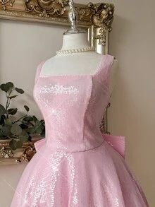 Lovelzi 优雅奢华粉色亮片刺绣宽肩带方领连衣裙，蝴蝶装饰，适合正式场合 - 粉色 - 查看 7