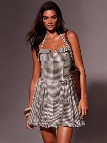 Athîral 女式无袖格子褶饰迷你连衣裙 - 棕色 - 查看 4